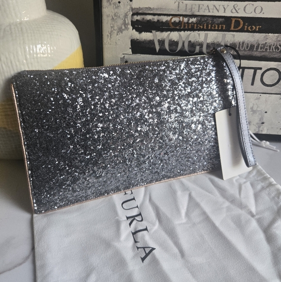 Furla Silver Rose Gold Glitter Wristlet Clutch Bag With Tags And Dustbag - Picture 2 of 12